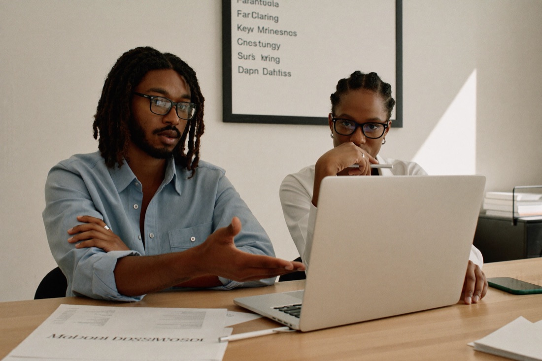 Two marketers reviewing campaign creative