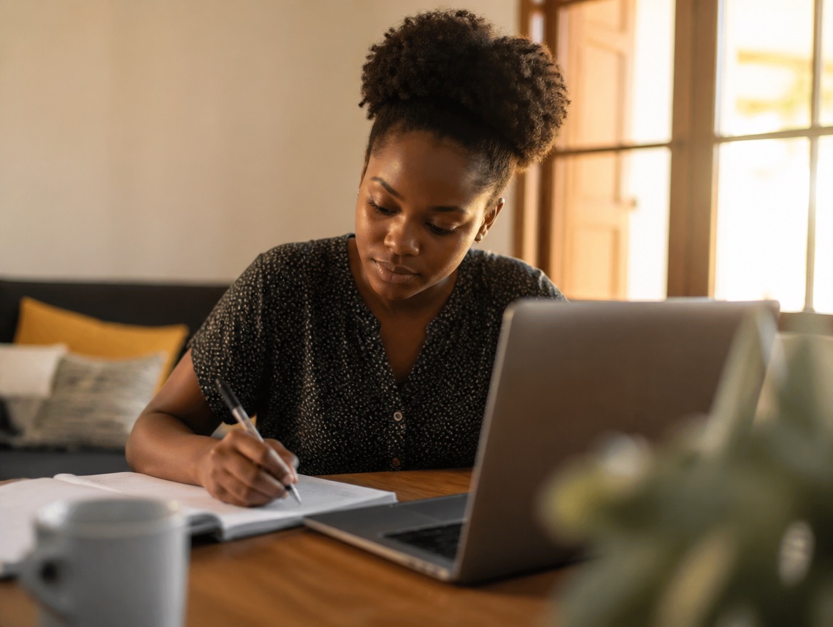 A learner working through course material at home