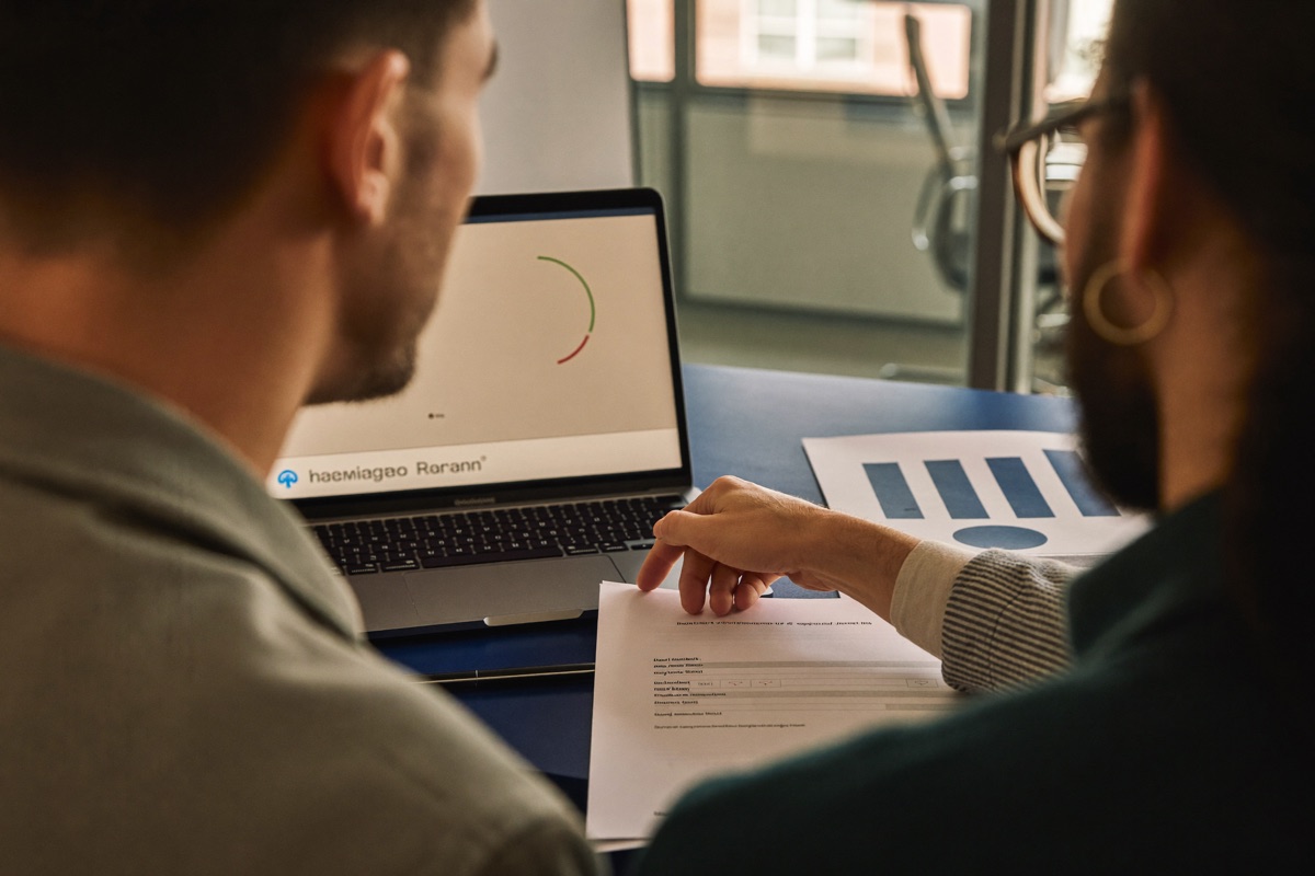 Two colleagues reviewing work together